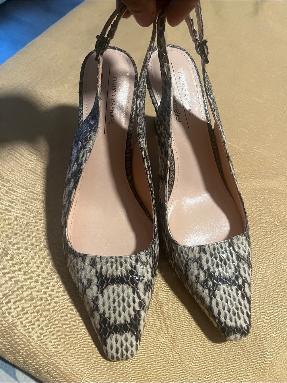 Snake-Print Pointed Slingback Mules in Beige/Black